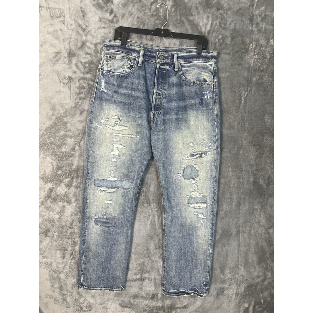 Polo Ralph Lauren Distressed Patchwork Jeans Mens Blue Straight Leg Button Fly